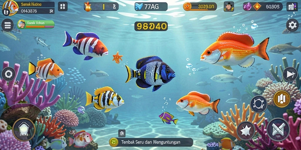 Screenshot menunjukkan gameplay seru Tembak Ikan di 77AG.