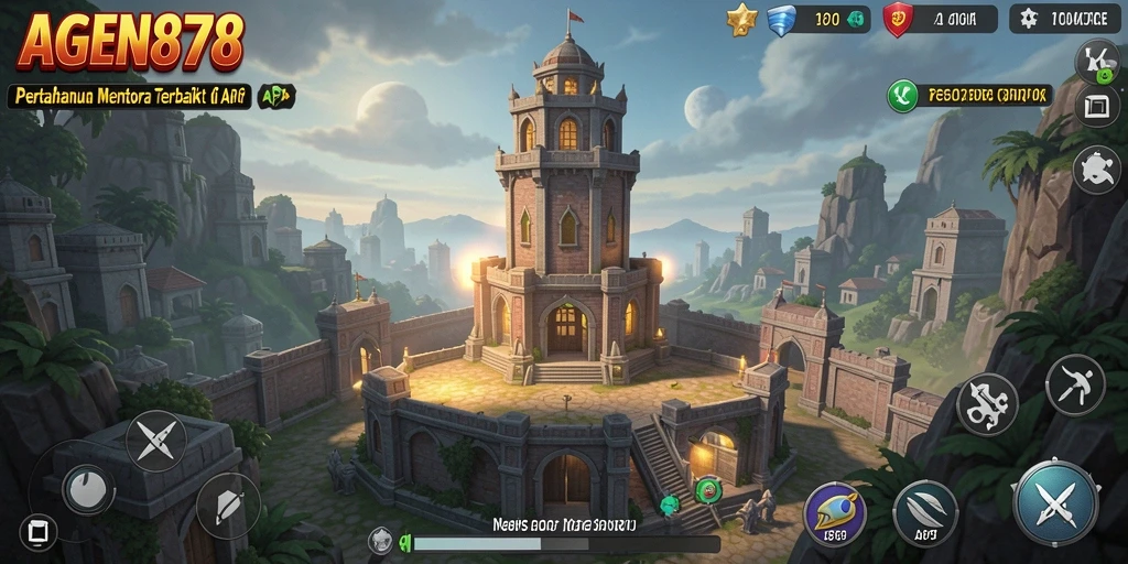 Tangkapan layar dalam game AGEN878 menampilkan aksi pertahanan menara yang intens.