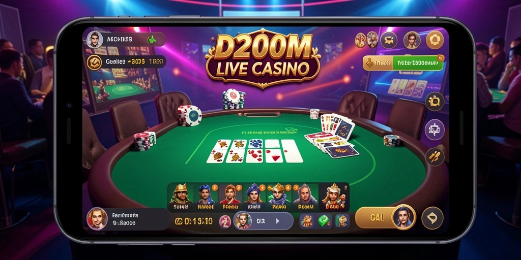 Tampilan gameplay D200M dengan dealer langsung di meja kasino.