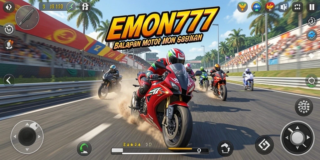 Screenshot gameplay EMON777 menunjukkan balapan motor yang mendebarkan.