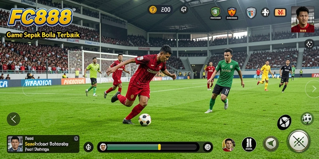 Screenshot FC888 menampilkan pemain dalam aksi seru di lapangan sepak bola.