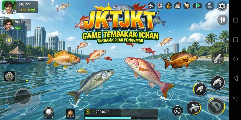 Screenshot gameplay JKTJKT dengan aksi menembak ikan.
