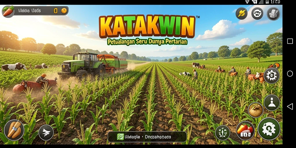 Screenshot gameplay KATAKWIN yang menampilkan ladang indah dan tanaman subur.