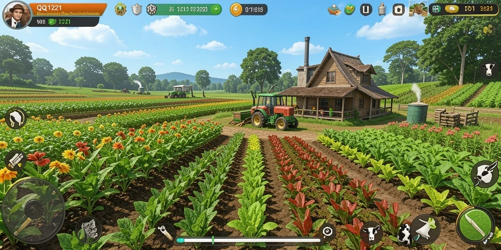 Tampilan menarik dari gameplay QQ1221 dengan pemandangan ladang dan hewan ternak.